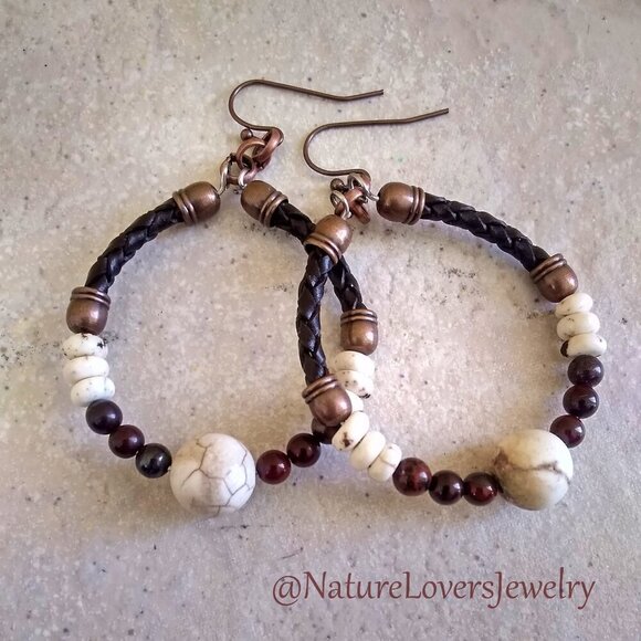 Rustic SouthWestern Flair! Leather + Jasper + Natural Howlite Hoop Earrings - Picture 1 of 7